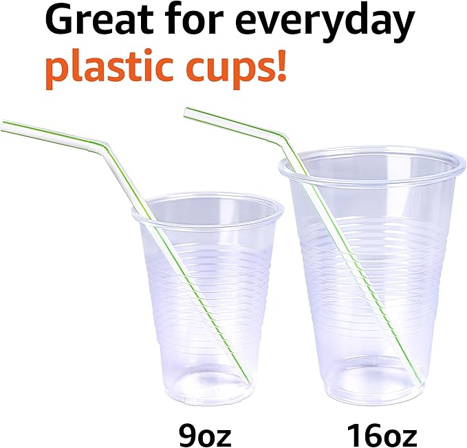 Amazon Basics Disposable Striped Plastic Flex Straws, 7.5" Long, Assorted Colors, 100 Count, Large Pack