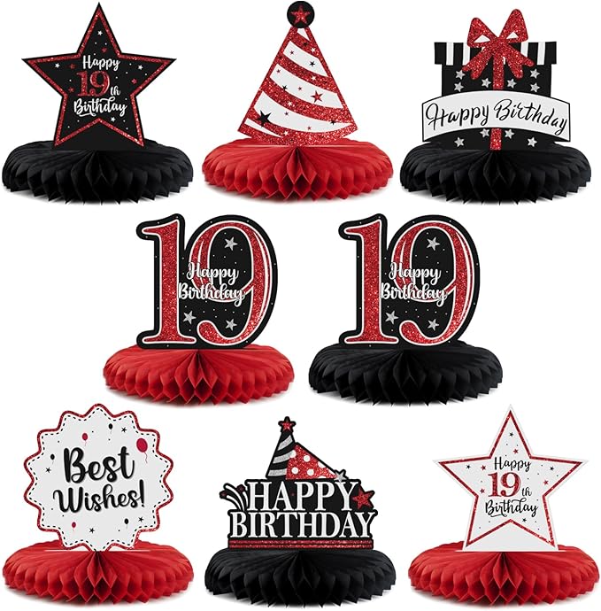 Happy 19th Birthday Decorations,19th Birthday Red Glitter Shiny Stand Honeycomb Table Centerpieces - Cheers to Nineteen Years Old Birthday Party Photoprop Gift Sign.