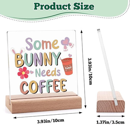 Easter Decor Funny Bunny Acrylic Plaque with Wooden Stand Coffee Bar Decor Easter Sign Coffee Lovers Decorations for Home Kitchen Clear Desk Decorative Sign for Office Coworker Friends Christmas