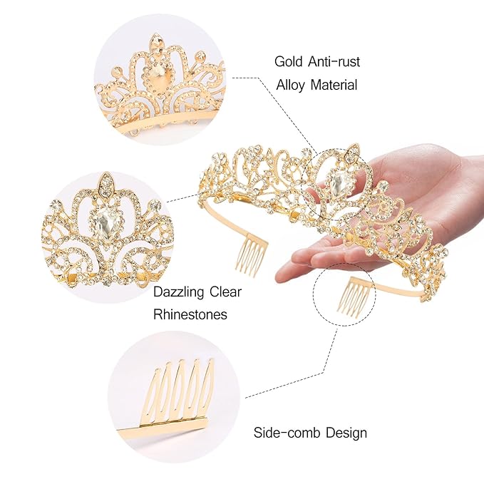 CIEHER 18 PCS Gold Crowns for Women, Crystal Queen Crown Princess Tiaras for Prom Birthday Party Halloween Costume