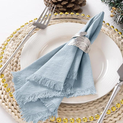 12 Pack Gray- Blue Cotton Linen Napkins with Fringe Christmas Cloth Napkins Set of 12 Boho Handmade Holiday Napkins Bulk for Wedding Baby Shower Xmas Dinner Table Parties, 17 x 17 Inches