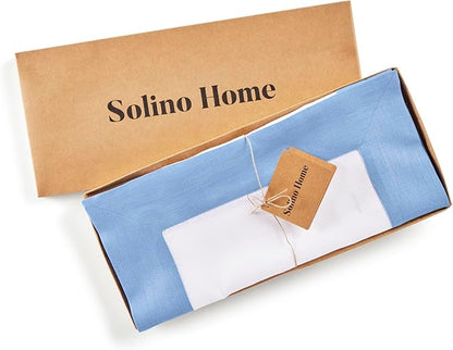Solino Home Linen Table Runner 72 Inches Long - Cornflower Blue and White 100% Pure Linen 14 x 72 Inch Table Runner for Dining - Contempo