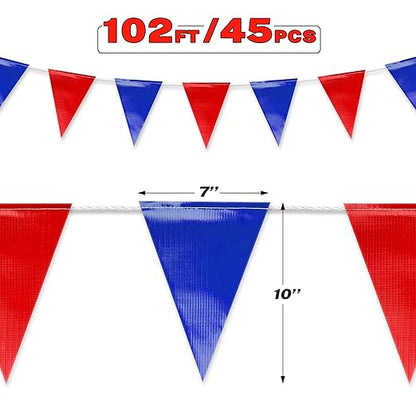 Blue & Red Pennant Banner Flags | Heavy-Duty Outdoor | OSHA 500lb Rated | Strand Fade Resistant 【102FT】