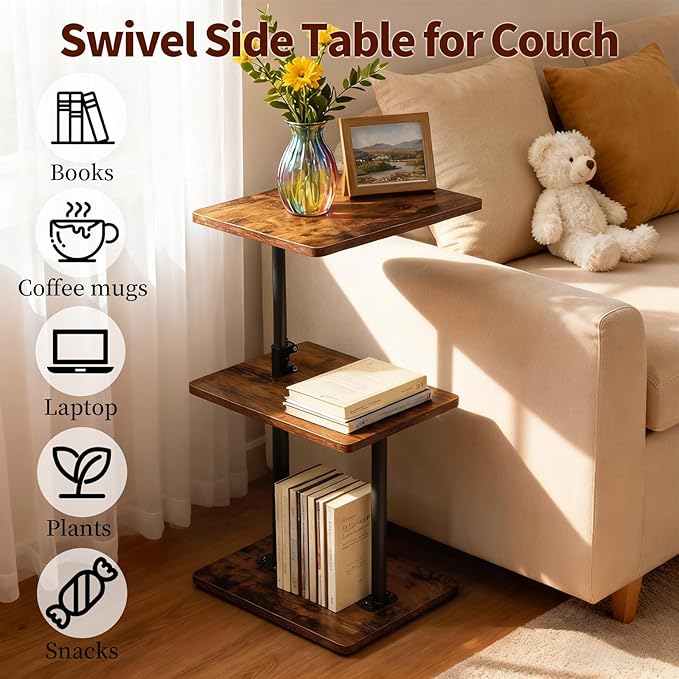 Swivel Side Table for Couch, 3 Tier Small End Table Adjustable Height with Rotatable Tray, Space Saving Nightstand with Storage Shelf for Living Room, Bedroom, Small Spaces