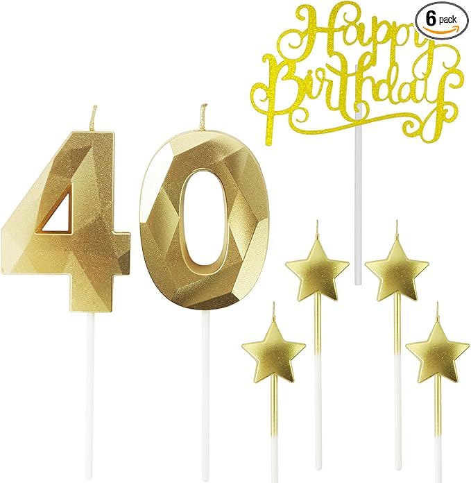 Golden Number 40 Birthday Candles and Star Birthday Candles, 2.76 inch, 3D Diamond Shaped, Suitable for Birthday Parties and Anniversary Cake Decorations