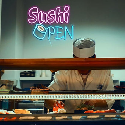 Sushi Open Neon Sign for Wall Decor - Dimmable LED Open Sign for Business - USB Powered Light for Sushi Shop, Restaurant, Kitchen, Home Decor