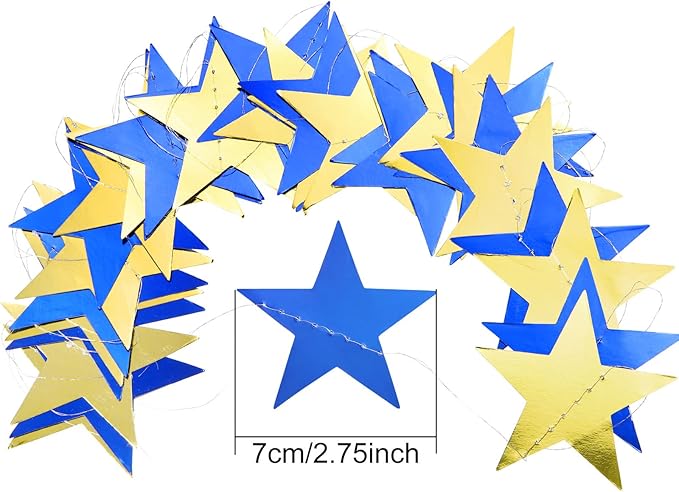 Patelai Glitter Star Garland Banner Christmas Decor 130 Feet Star Hanging Bunting Banner Twinkle Backdrop for Homecoming Classroom Wedding Birthday Halloween Party Supplies(Blue, Gold)