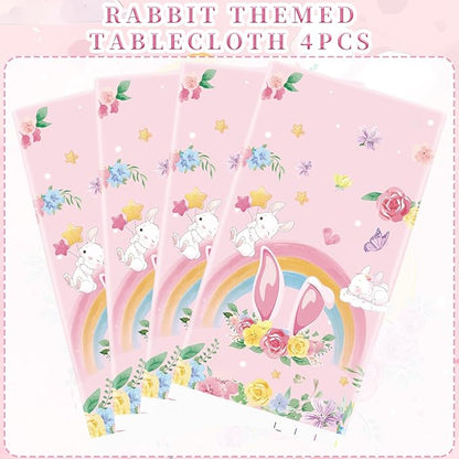 4 Pack Pink Bunny Party Tablecloth Supplies, Rabbit Rectangle Plastic Tablecloth for Rectangle Tables Gilrs Birthday Party Supplies Favors 51'' X 86''