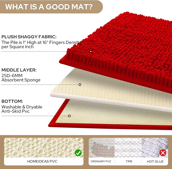 HOMEIDEAS 3 Pieces Bathroom Rugs, Ultra Soft Non Slip Absorbent Chenille Toilet Bath Mat Set (Red)