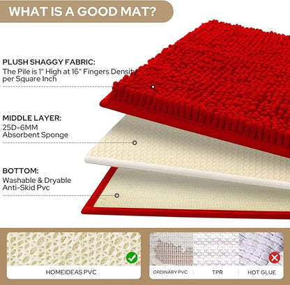 HOMEIDEAS 3 Pieces Bathroom Rugs, Ultra Soft Non Slip Absorbent Chenille Toilet Bath Mat Set (Red)