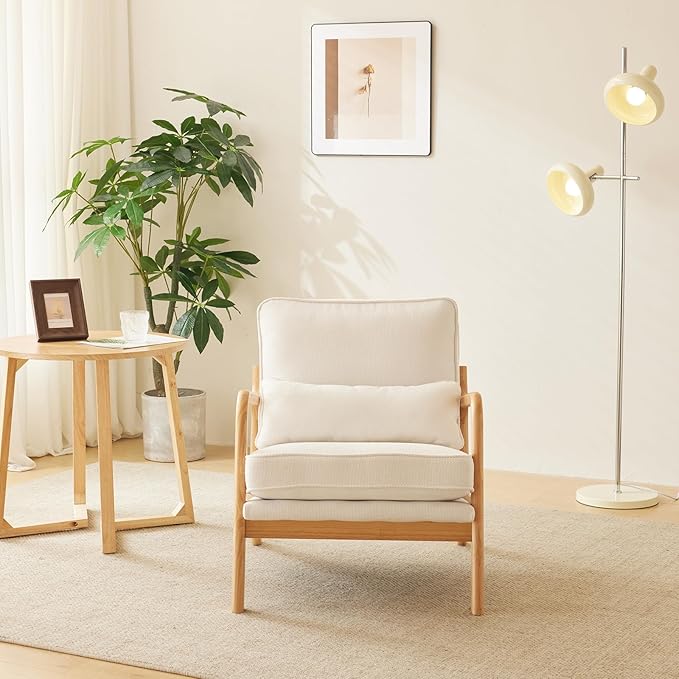 Bonnlo Coarse Linen Beige Mid Century Modern Accent Chair, Soild Wood Padding Lounge Armchairs Side Sitting Chairs for Living Room, Bedroom, Guest Room