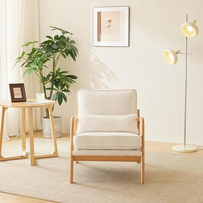 Bonnlo Coarse Linen Beige Mid Century Modern Accent Chair, Soild Wood Padding Lounge Armchairs Side Sitting Chairs for Living Room, Bedroom, Guest Room