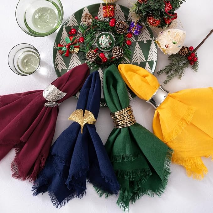 12 Pack Mixed Chriatmas Color Cotton Linen Napkins with Fringe Christmas Winter Napkins Cloth Set of 12 Boho Handmade Dinner Napkins Bulk for Wedding Xmas Dining Table, 17 x 17 Inches