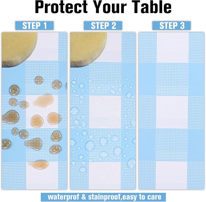 Kesfey 9 Packs Light Blue Gingham Tablecloth Pale Blue and White Checkered Tablecloths 54 x 108 Inches Disposable Plastic Gingham Tablecovers Waterproof Rectangle Picnic Table Cover for Birthday Party