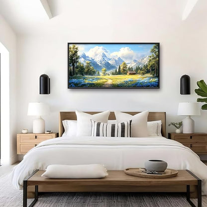 Mountain Large Wall Art Framed Wall Decor for Living Room, Countryside Wildflowers Pictures Oversized Canvas Print Painting Modern Extra Large Framed Artwork for Bedroom Office Home Decor 60"x30"
