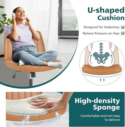 OLIXIS Criss Cross Legged Chairs Armless No Wheels Wide Seat Height Adjustable Swivel Padded PU Leather Home Office Desk Seating for Bedroom, Student, Study Room
