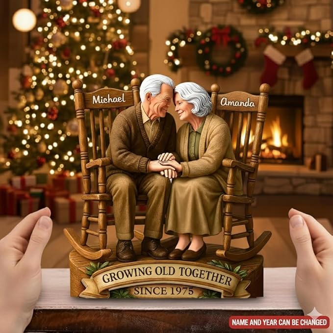 Personalized Wooden Couple Figurine, Growing Old Together Since 1975, Custom Engraved Retirement, Anniversary for Parents and Grandparents, Personalized Family Keepsake