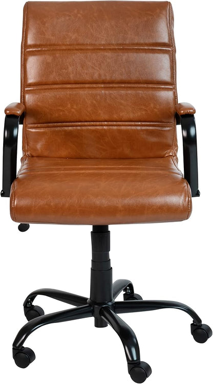 Flash Furniture Whitney Mid-Back Desk Chair - Brown LeatherSoft Executive Swivel Office Chair with Black Frame - Swivel Arm Chair