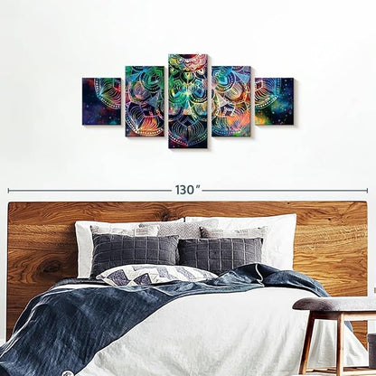ElephantStock - Celestial Mandala Wall Art - Horizontal Multi Panel Canvas - 5 Piece Living Room Wall Decor - Digital Art Elements Multi Piece Wall Art - Turquoise And Blue Decor - 74" x 34"
