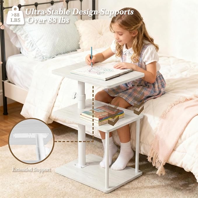 360° Swivel Side Table for Height Adjustable, C Shaped End Table for Couch with Storage, 3-Tier Night Stand with Open Shelf, Tv Tray for Small Spaces, Living Room, Bedroom, White