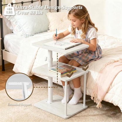 360° Swivel Side Table for Height Adjustable, C Shaped End Table for Couch with Storage, 3-Tier Night Stand with Open Shelf, Tv Tray for Small Spaces, Living Room, Bedroom, White