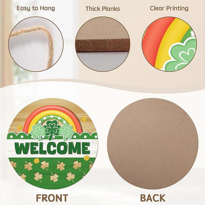 Happy St. Patrick's Day Rainbow Wooden Hanging Sign 12x12 Inch St. Patricks Day Welcome Shamrock Wreath Sign for Front Door Decor,Irish Spring Farmhouse Wood Wreath Indoor Wall Hanging Decoration