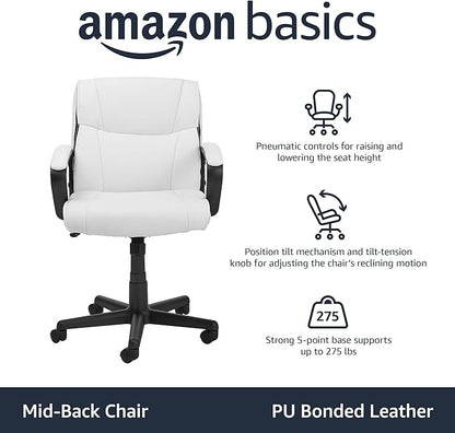Amazon Basics Office Task Chair with Adjustable Height, 360° Swivel, Padded Armrests, Mid-Back, 275 Pound Capacity, BIFMA Certified, 24.2"D x 24"W x 38.6"H, White Faux Leather