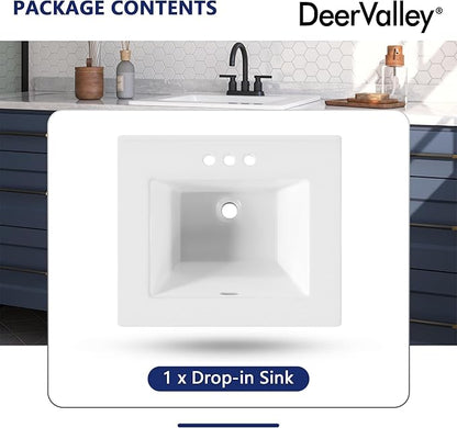 DeerValley 21x18 Inch Rectangular Fireclay Drop-in Bathroom Sink, White Vessel Sink with Overflow, Modern Art Basin, DV-1DS0123