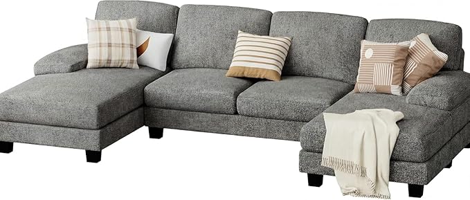JUMMICO Sectional Couches for Living Room, U Shaped Couch with Chenille Fabric, 4 Seat Modern Sofa with Removable Pillows for Apartment and Small Space (Loop Yarn, Pearl Gray)