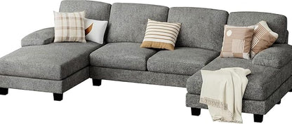 JUMMICO Sectional Couches for Living Room, U Shaped Couch with Chenille Fabric, 4 Seat Modern Sofa with Removable Pillows for Apartment and Small Space (Loop Yarn, Pearl Gray)