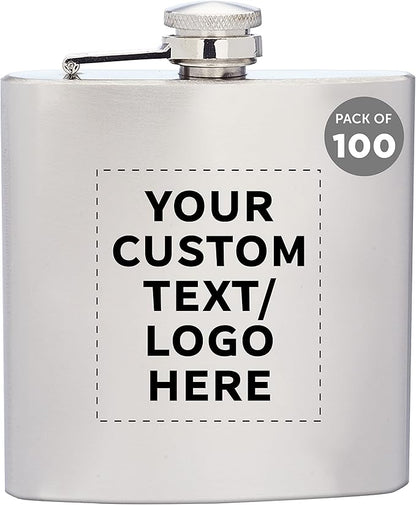 Custom Murano Stainless Steel Hip Flasks 6 oz. Set of 100, Personalized Bulk Pack - Screw on Cap, Great for Wedding Party Gifts, Groomsmen Gifts, Outdoor Activities - Silver