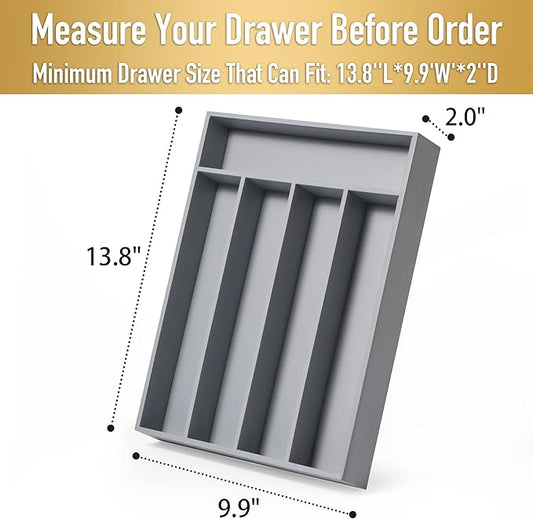 Bamboo Silverware Holder - Drawer Organizer with 5 Slots (Gray)