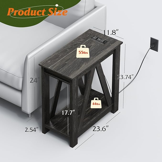 WLIVE Narrow Black End Table with Charging Station of Open Storage Shelf, Sofa Side Table with 2 USB Ports and 2 Power Outlets, Slim Farmhouse End Table for Small Spaces, 11.8" D x 23.6" W x 23.74" H