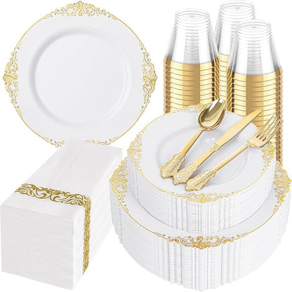 Hioasis 350pcs White and Gold Plastic Plates - Elegant Disposable Dinnerware Set Include 10.25" Dinner & 7.5" Dessert Plates, Knives, Forks, Spoons, Napkins, Cups for Party & Wedding