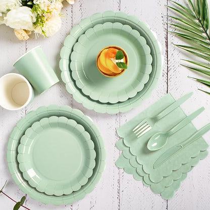 Vyntra 350 PCS Disposable Plates for Boho Party, Paper Plates & Napkins Set with Cups, Knives, Forks, Spoons, 7'' Dessert and 9'' Dinner Plates for Wedding, Baby Shower, Birthday - Sage Green