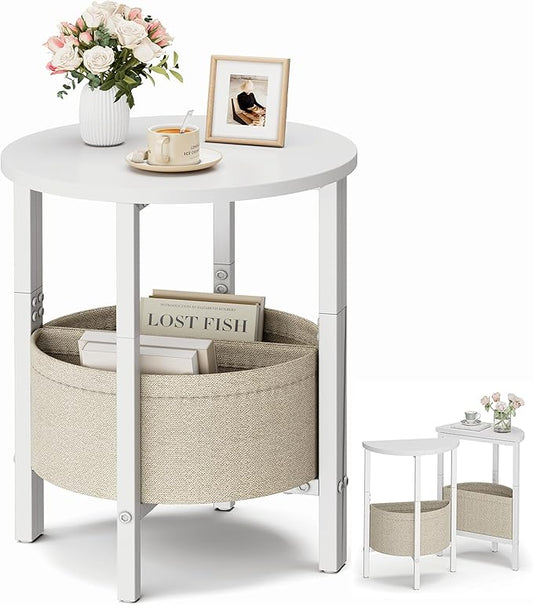 Vagusicc Side Table, Small Round End Table, Tall Accent Table with Storage Basket, Set of 2 Half Round Coffee Tables Half Moon Tables, Bedside Table, Modern Nightstand for Living Room Bedroom, White
