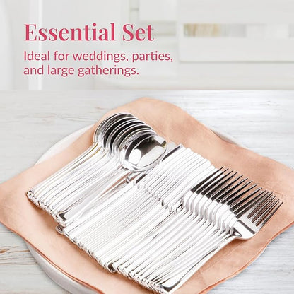 Prestee 300 Piece Heavy Duty Plastic Silverware Set - 100 of Each Silver Plasticware Forks, Spoons, Knives - Flatware Cutlery for Weddings - Durable Disposable Plastic Utensils for Catering, Buffets