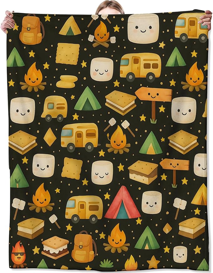 Cute Cartoon Camping Blanket, Marshmallow Tent and Star Blankts, Gifts for Adults Kids, Home Dorm Cabin Pet Area Picnic and Travel Decor, Soft Cozy Lightweight Flannel Throw,50"x60"