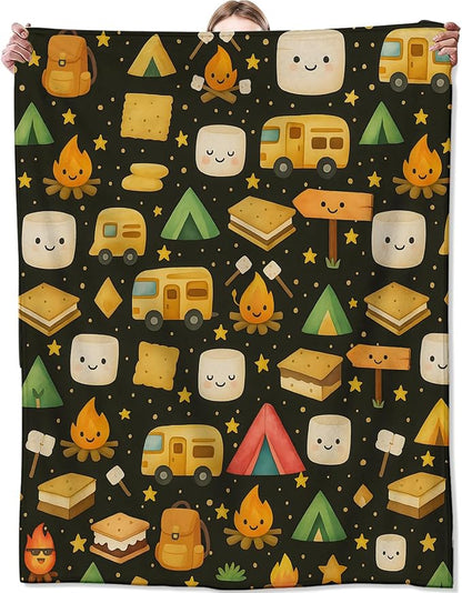 Cute Cartoon Camping Blanket, Marshmallow Tent and Star Blankts, Gifts for Adults Kids, Home Dorm Cabin Pet Area Picnic and Travel Decor, Soft Cozy Lightweight Flannel Throw,50"x60"