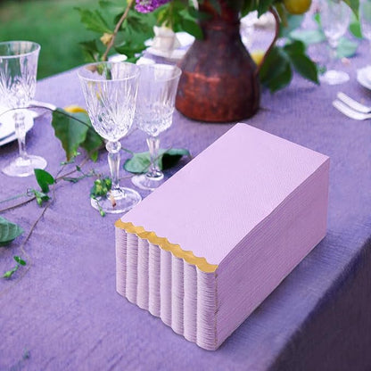 50 Dinner Napkins Paper Decorative, Gold Foil Scalloped Edged Guest Napkins Disposable, Lavender Napkins for Wedding, Birthday, Shower Baby, Tea Parties Supplies (4 x 8 In, Purple)