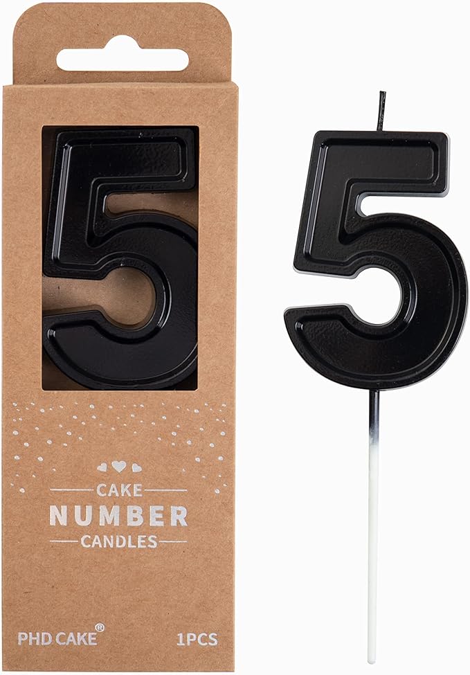 PHD CAKE 2.76 Inch Luxe Black 5 Number Birthday Candles, Black Number Candles, Cake Number Candles, Party Celebration