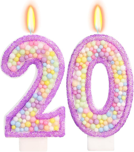 Purple Birthday Candles - Number 20 Candle, Colorful Macaron Candles, 20 Birthday Decorations for Girls, Purple Cake Decorations, Theme Party Supplies