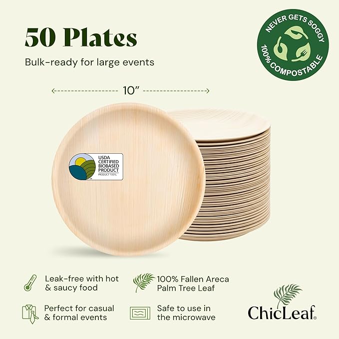 Chic Leaf Palm Leaf Plates - 10" Round - 50 Pack of 100% Compostable, Biodegradable & Disposable Bamboo Plates - Heavy Duty, Sturdy Paper Alternative for Wedding Desserts & Events Thanksgiving Dinner