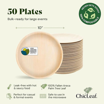 Chic Leaf Palm Leaf Plates - 10" Round - 50 Pack of 100% Compostable, Biodegradable & Disposable Bamboo Plates - Heavy Duty, Sturdy Paper Alternative for Wedding Desserts & Events Thanksgiving Dinner