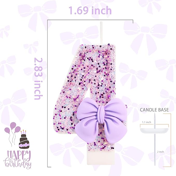 Birthday Candle for Cake, 4 Candle - Purple Glitter with Bowknot, 2.76 inch Cake Topper Decoration for 4 Years Old Birthday Party (Number 4)