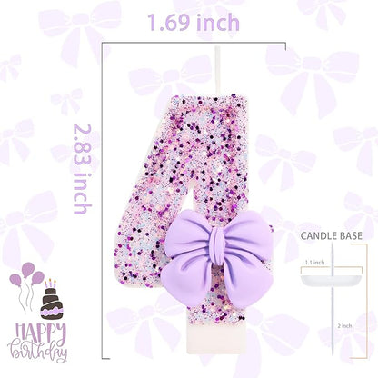 Birthday Candle for Cake, 4 Candle - Purple Glitter with Bowknot, 2.76 inch Cake Topper Decoration for 4 Years Old Birthday Party (Number 4)