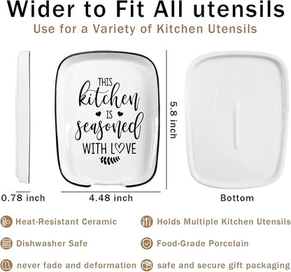 Ceramic Spoon Rest for Kitchens Stove Top Counter, Funny This Kitchen is Seasoned with Love White Spoon Holders for Chef, Mom, Grandma, Modern Farmhouse Kitchens Cute Decor Gift