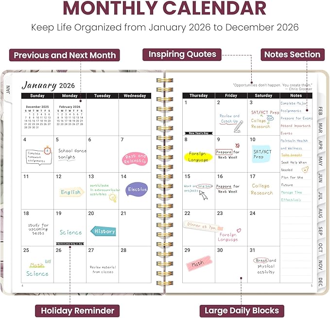 2026 Planner, Weekly and Monthly Planner for Women, Jan 2026 - Dec 2026 Pretty 2026 Calendar Planner with Monthly Tabs, Inner Pocket, Spiral Binding, Perfect for Office Home School - 6.3" x 8.5", Soft Peony