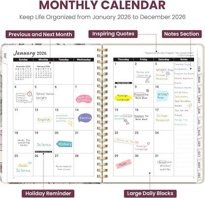 2026 Planner, Weekly and Monthly Planner for Women, Jan 2026 - Dec 2026 Pretty 2026 Calendar Planner with Monthly Tabs, Inner Pocket, Spiral Binding, Perfect for Office Home School - 6.3" x 8.5", Soft Peony