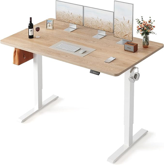 FEZIBO Standing Desk, 63×28 Inches Electric Height Adjustable, Sit Stand Up Table, Computer Office Desk with Splice Board, While Frame/Maple TOP
